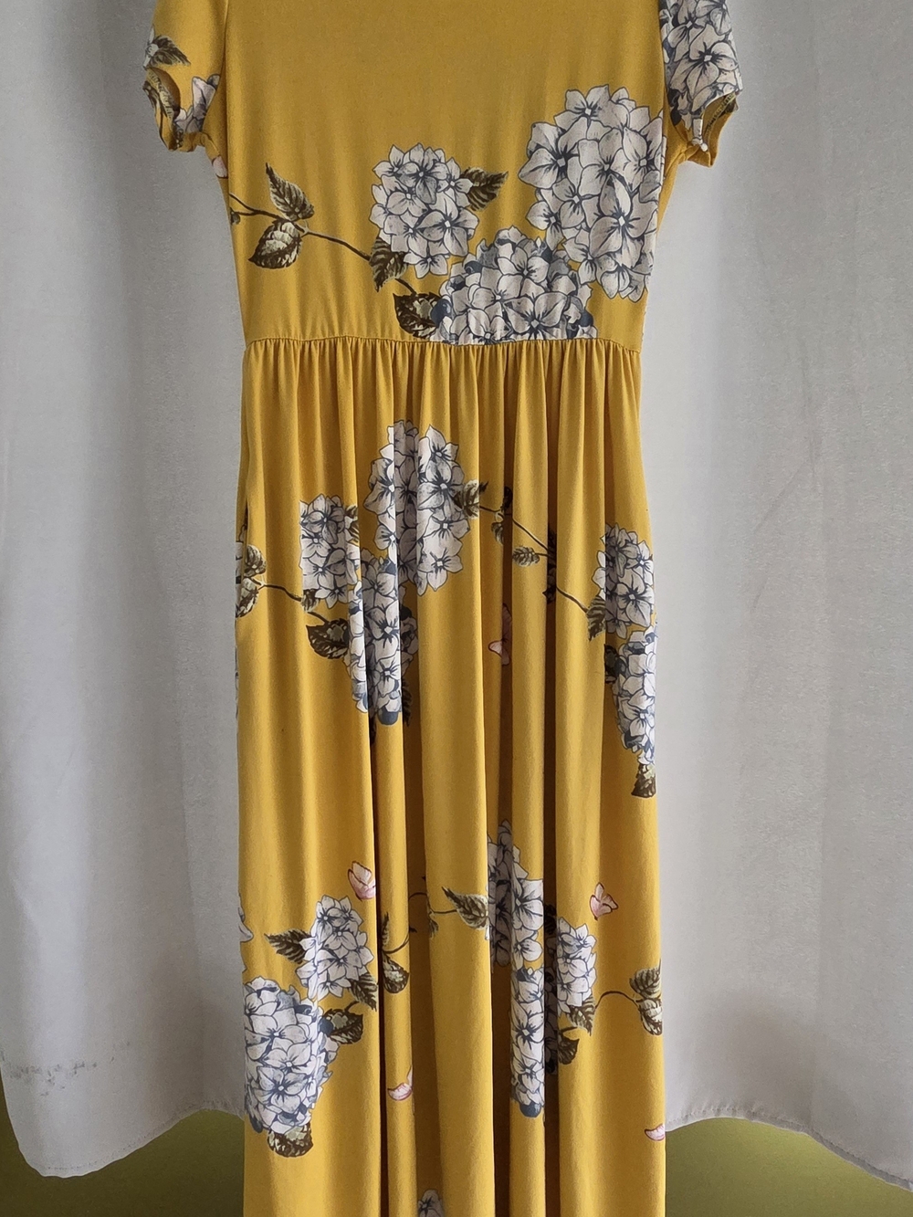 Reborn J Mustard Yellow Floral Hydrangea Butterfly Maxi Dress Pockets Large
